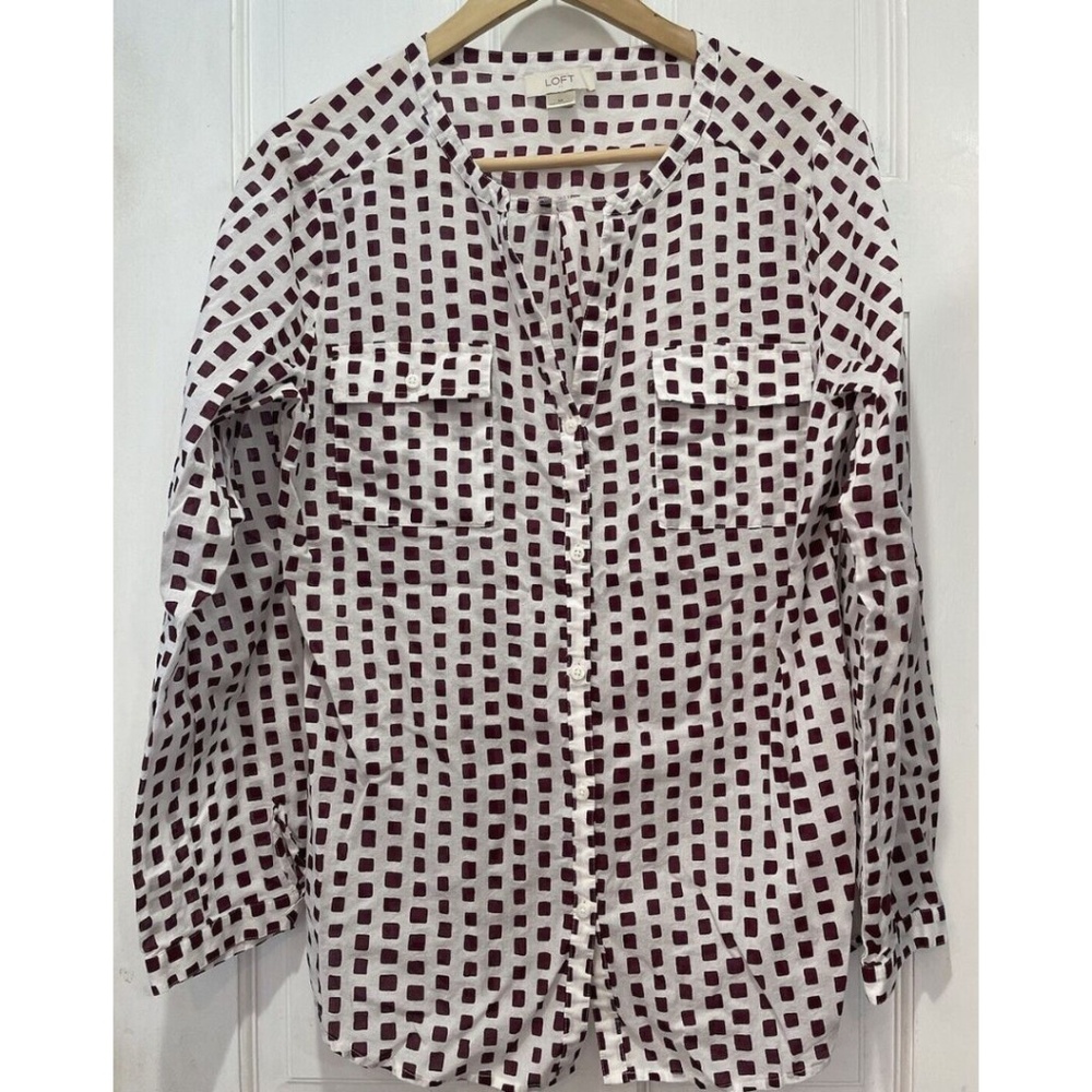 Loft Outlet White Maroon Roll-Tab Long Sleeve Cotton Button Down Size Medium
